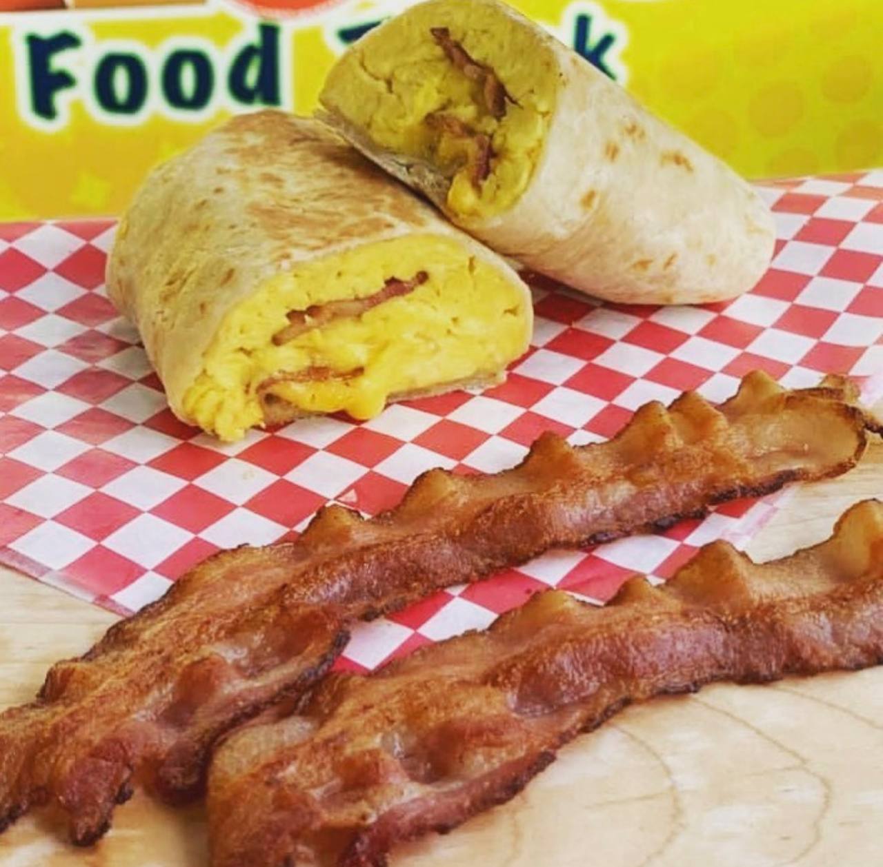 Breakfast burrito with eggs and bacon at Jalisco Food Truck Bastrop TX