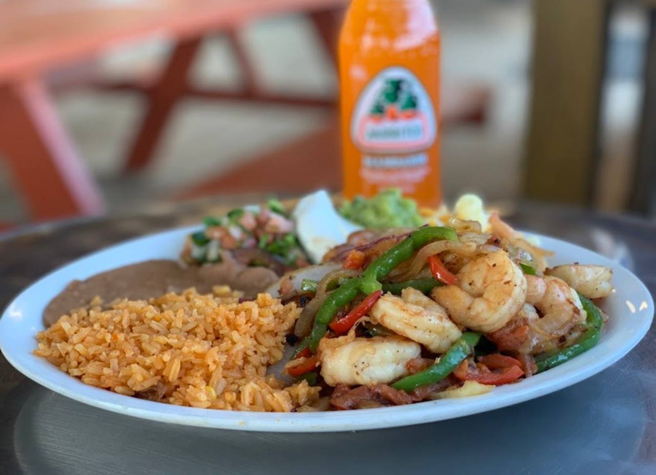 Shrimp fajita plate with rice and beans at Jalisco Food Truck Bastrop TX